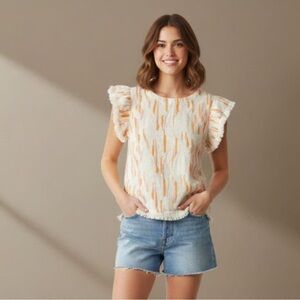 THML Women's Hand Dyed Boho Top with Orange and Pink Accents and Ruffle Sleeve